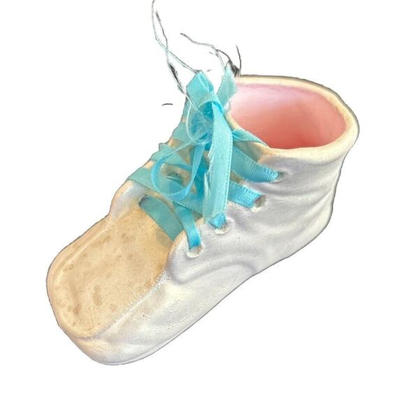 Mini Infant Bootie Planter Or Nursery Decor With Blue Ribbon As Shoestring - Picture 1 of 5